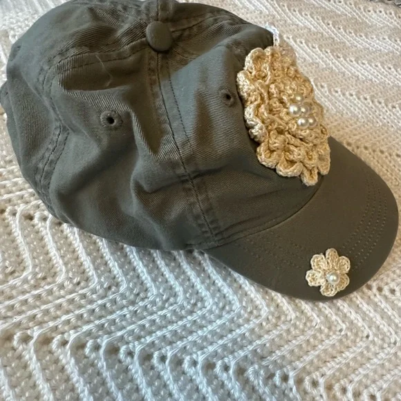 Upcycled Olive Cap with Hand Crochet Flower and Pearl Detail - Picture 2 of 4